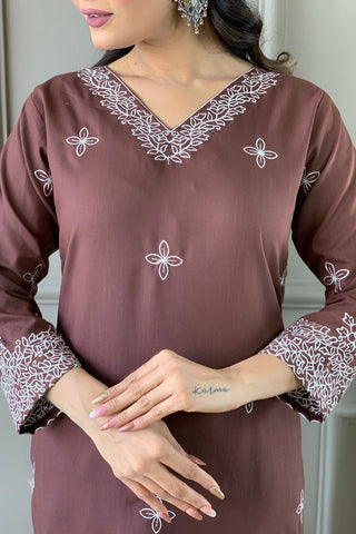 Brown Slub Embroidery Kurta Set