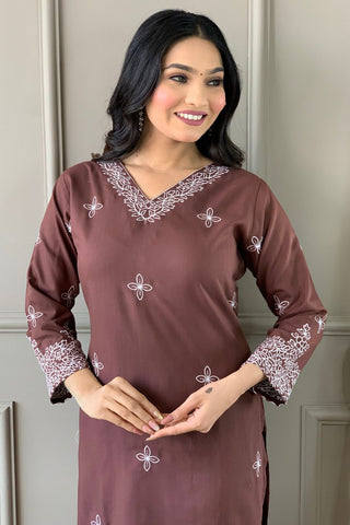 Brown Slub Embroidery Kurta Set