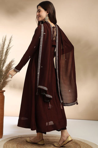 Brown Plain Silk Embroidery Kurta Set_Kumari Sarees