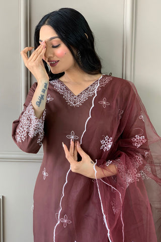 Brown Slub Embroidery Kurta Set