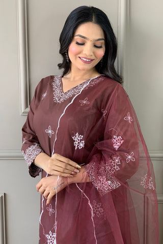 Brown Slub Embroidery Kurta Set