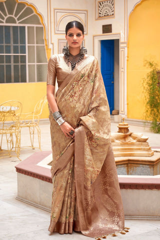 Brown Soft Cotton Silk With Floral Print Saree_Kumari Sarees