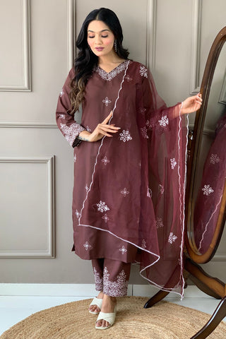 Brown Slub Embroidery Kurta Set