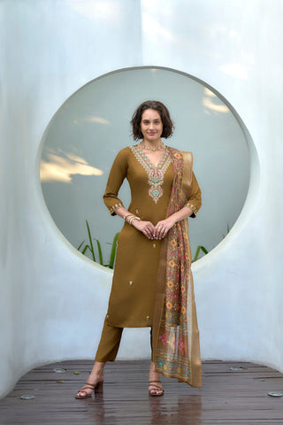 Brown Chanderi Butti With Embroidery Kurta Set_Kumari Sarees