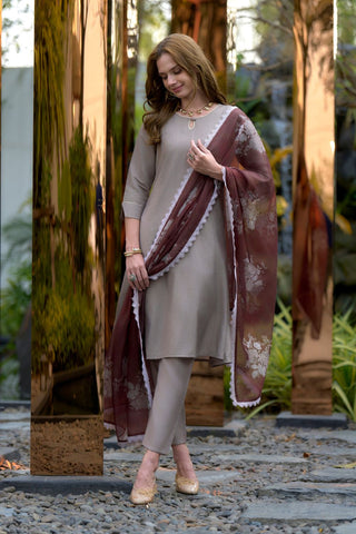 Brown Vatican Organza With Embroidery Kurta Set_Kumari Sarees