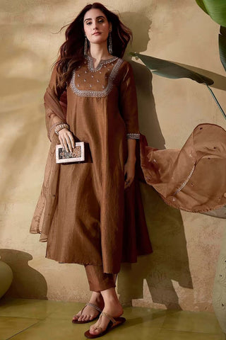 Brown Soft Organza With Embroidered Flared Kurta Set_Kumari Sarees