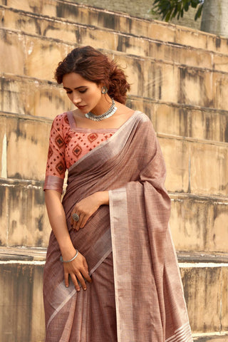 BROWN SOFT LINEN SILK SAREE