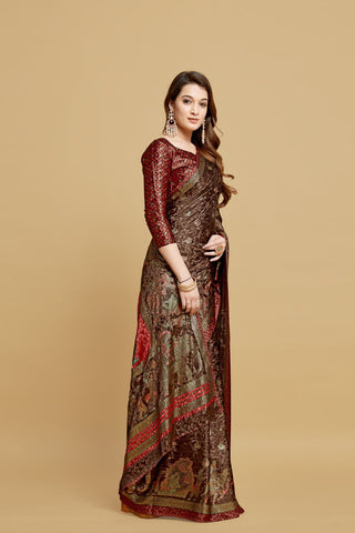 Brown Jacquard Printed Saree