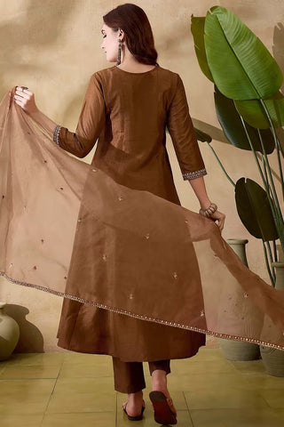 Brown Soft Organza With Embroidered Flared Kurta Set_Kumari Sarees