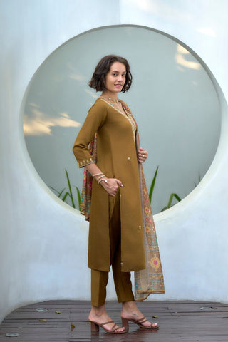 Brown Chanderi Butti With Embroidery Kurta Set_Kumari Sarees