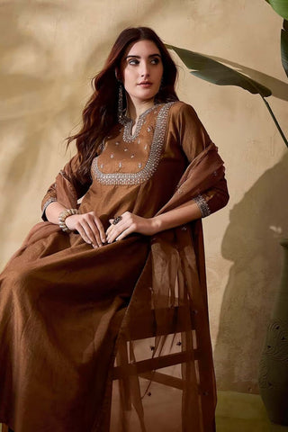 Brown Soft Organza With Embroidered Flared Kurta Set_Kumari Sarees