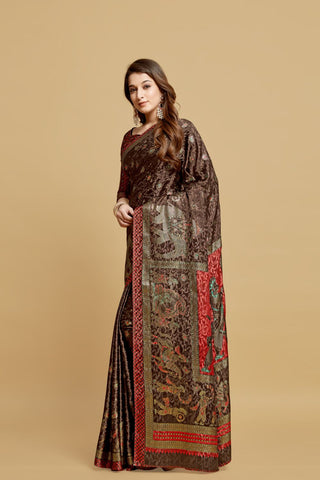 Brown Jacquard Printed Saree