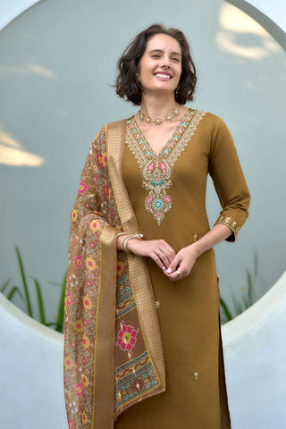 Brown Chanderi Butti With Embroidery Kurta Set_Kumari Sarees