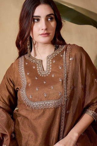 Brown Soft Organza With Embroidered Flared Kurta Set_Kumari Sarees
