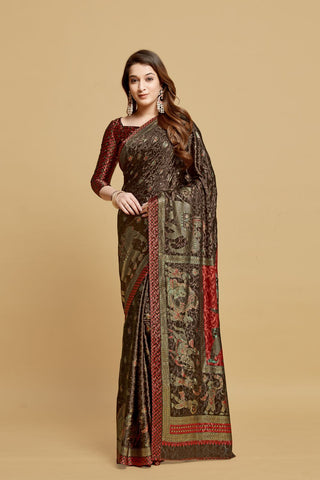 Brown Jacquard Printed Saree