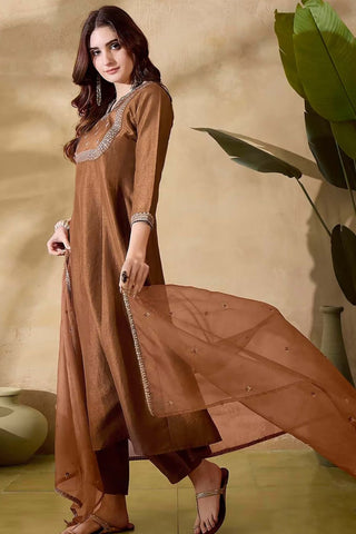 Brown Soft Organza With Embroidered Flared Kurta Set_Kumari Sarees