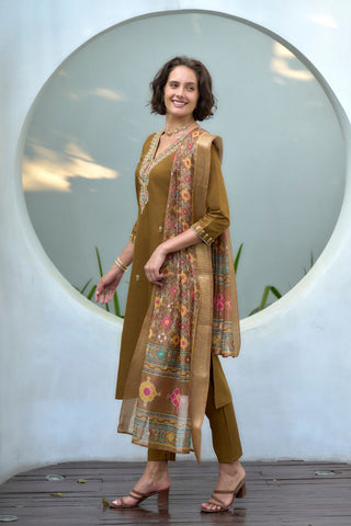Brown Chanderi Butti With Embroidery Kurta Set_Kumari Sarees