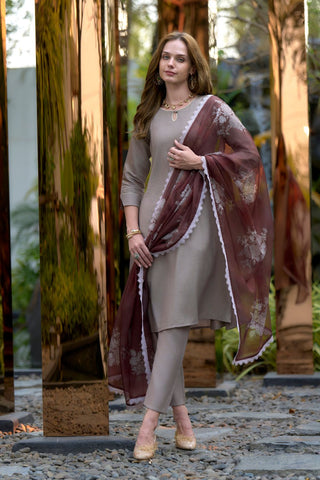 Brown Vatican Organza With Embroidery Kurta Set_Kumari Sarees