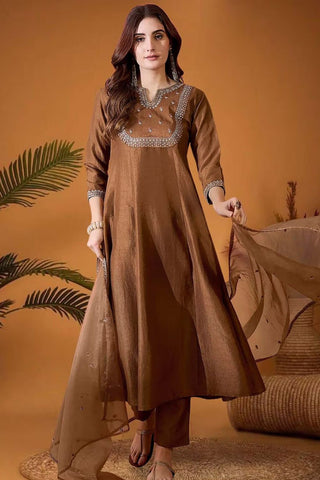 Brown Soft Organza With Embroidered Flared Kurta Set_Kumari Sarees