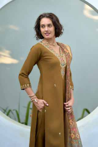 Brown Chanderi Butti With Embroidery Kurta Set_Kumari Sarees