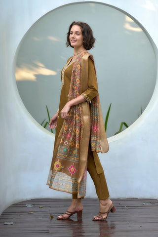 Brown Chanderi Butti With Embroidery Kurta Set_Kumari Sarees