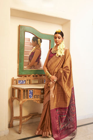 Brown Handloom Tussar Silk Saree_Kumari Sarees