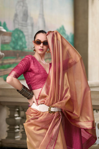 Brown & Pink Pure Tissue Saree