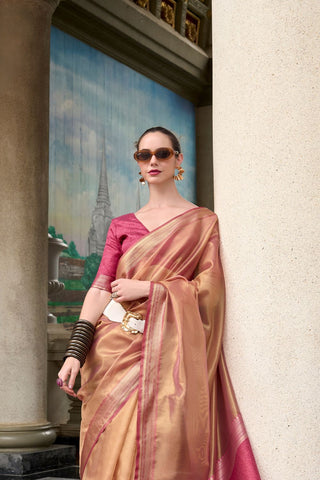 Brown & Pink Pure Tissue Saree