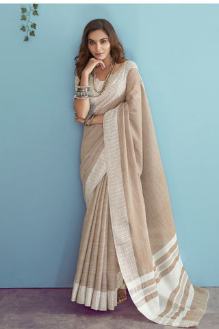 Brown Soft Linen silk with Chikhankhari Weaved Border