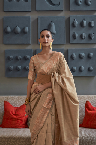CREAM GALA COPPER ZARI HANDLOOM WEAVING SAREE