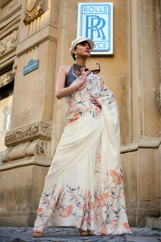 CREAM PRINTED SATIN CREPE SAREE