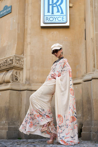 CREAM PRINTED SATIN CREPE SAREE