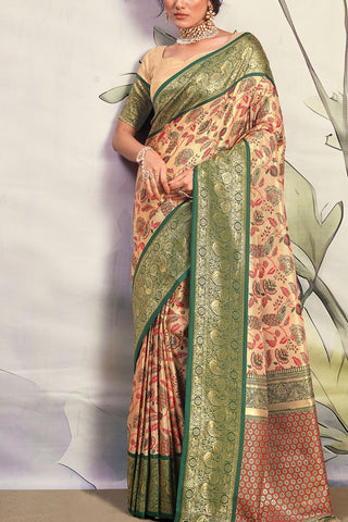 Cream & Green Pure Dharamavaram Silk Saree