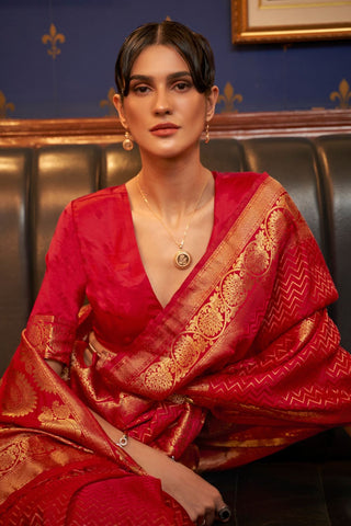 CHERRY RED  PURE SATIN WEAVING SILK SAREE