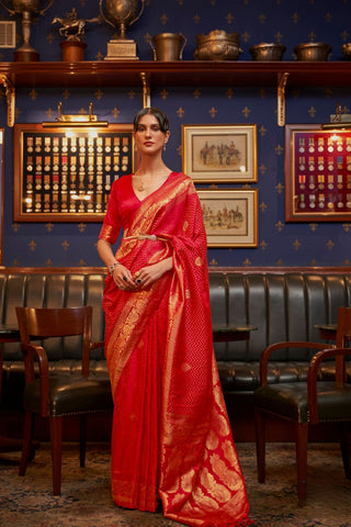 CHERRY RED  PURE SATIN WEAVING SILK SAREE