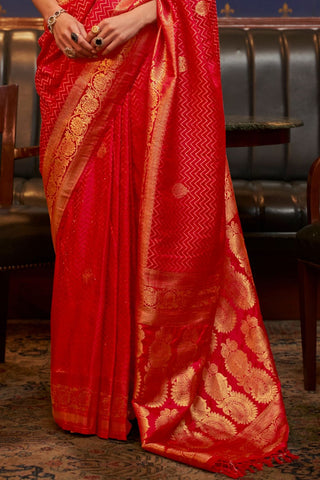 CHERRY RED  PURE SATIN WEAVING SILK SAREE