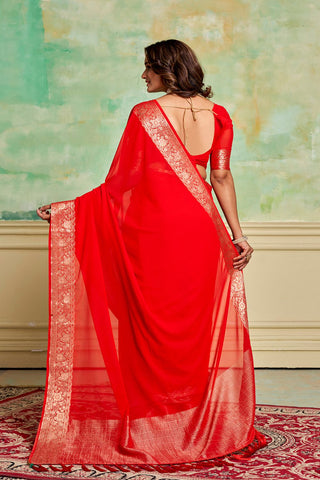 Cherry Red Crepe Georgette Saree