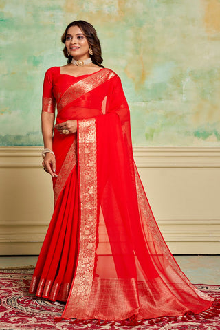 Cherry Red Crepe Georgette Saree