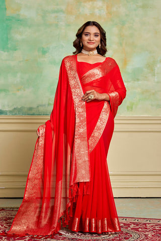 Cherry Red Crepe Georgette Saree