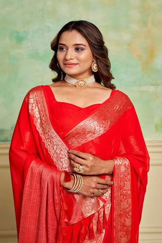 Cherry Red Crepe Georgette Saree