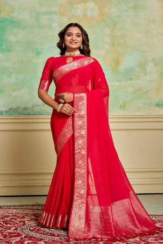 Cherry Red Crepe Georgette Saree
