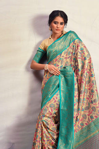 Cream & Blue Pure Dharamavaram Silk Saree