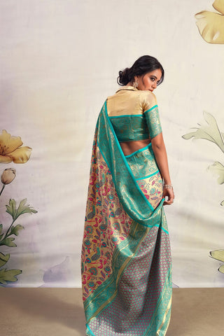 Cream & Blue Pure Dharamavaram Silk Saree