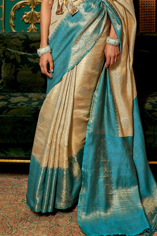 CREAM & BLUE ZARI BASE HANDLOOM WEAVING SILK SAREE