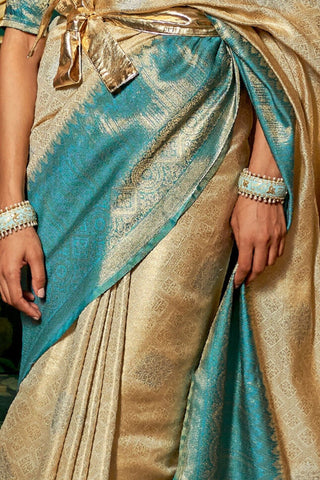 CREAM & BLUE ZARI BASE HANDLOOM WEAVING SILK SAREE