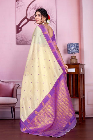 Cream Pure Handloom Cotton With Gold Zari Silk Saree_Kumari Sarees