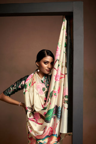 CREAM SATIN CREPE DIGITAL PRINT SAREE