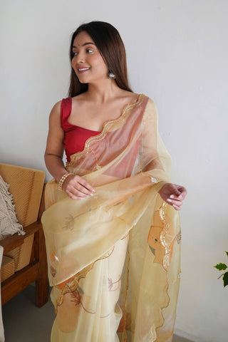 CREAM ORGANZA SILK SAREE