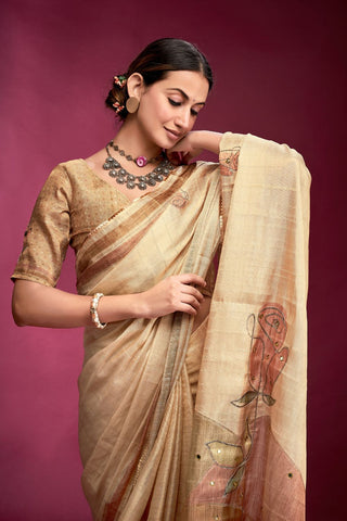 Cream Tussar Saree with Hand based Work