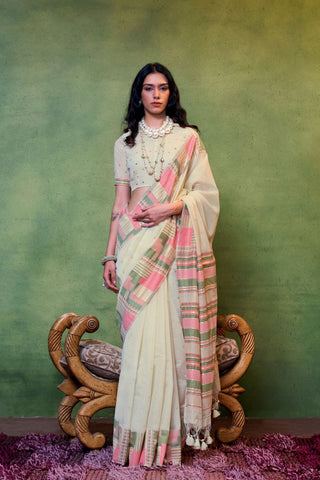 Cream Spun Handloom Weaving Silk Saree